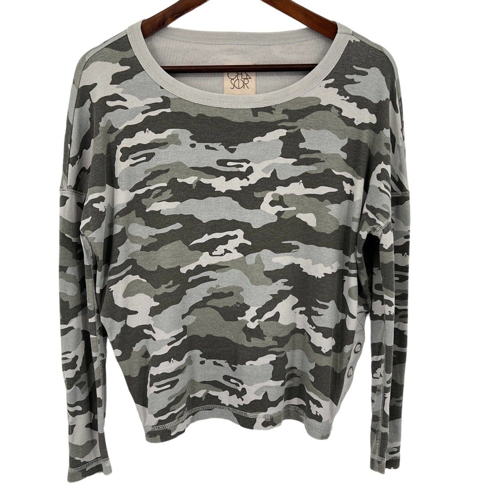 Chaser Camo Pullover Sweatshirt Snap Details XS Gray Cotton Blend Casual